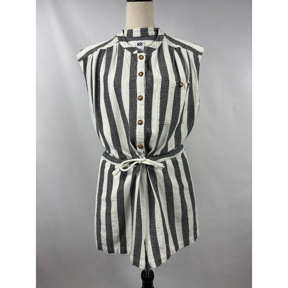 NSF Sue Romper White Blue Stripe Small Sleeveless Drawstring Waist Shorts - Picture 1 of 14